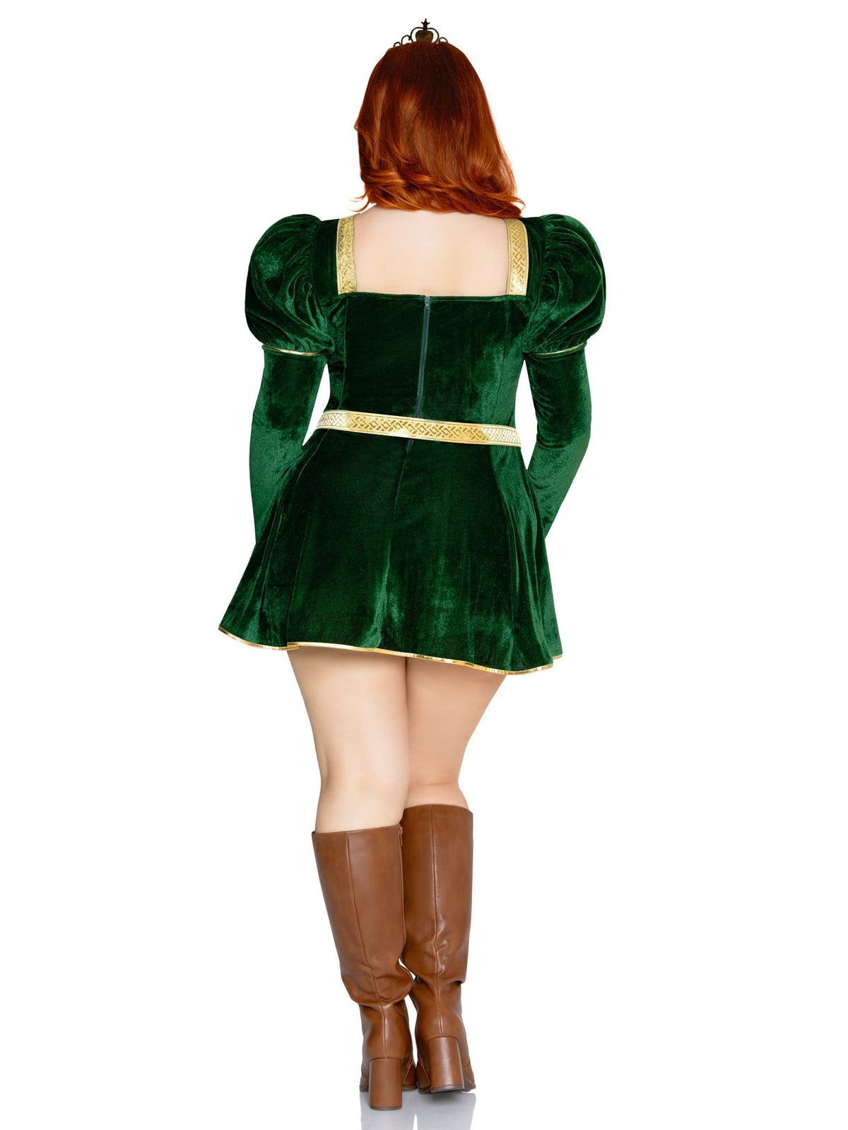 Plus Size 3 PC Swamp Princess Costume, Includes Velvet Dress with Gauntlet Sleeve, Belt, And Crown.