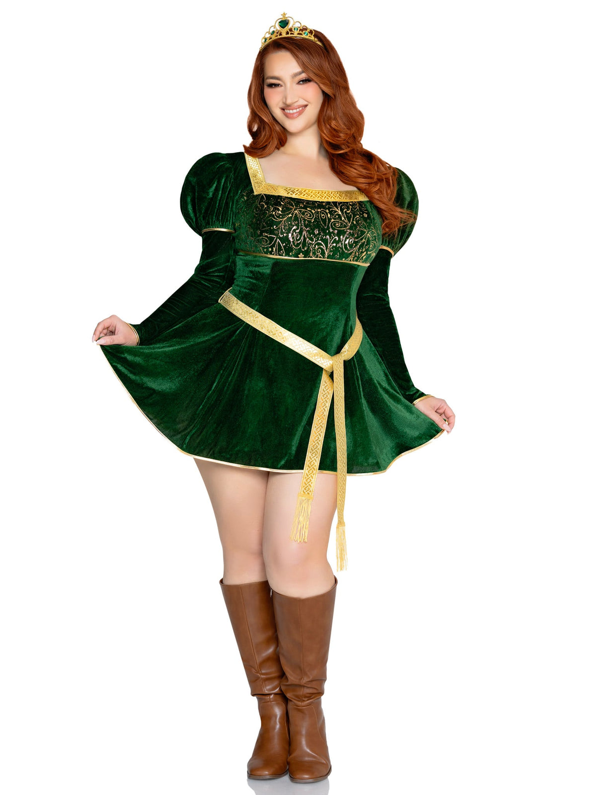 Plus Size 3 PC Swamp Princess Costume, Includes Velvet Dress with Gauntlet Sleeve, Belt, And Crown.