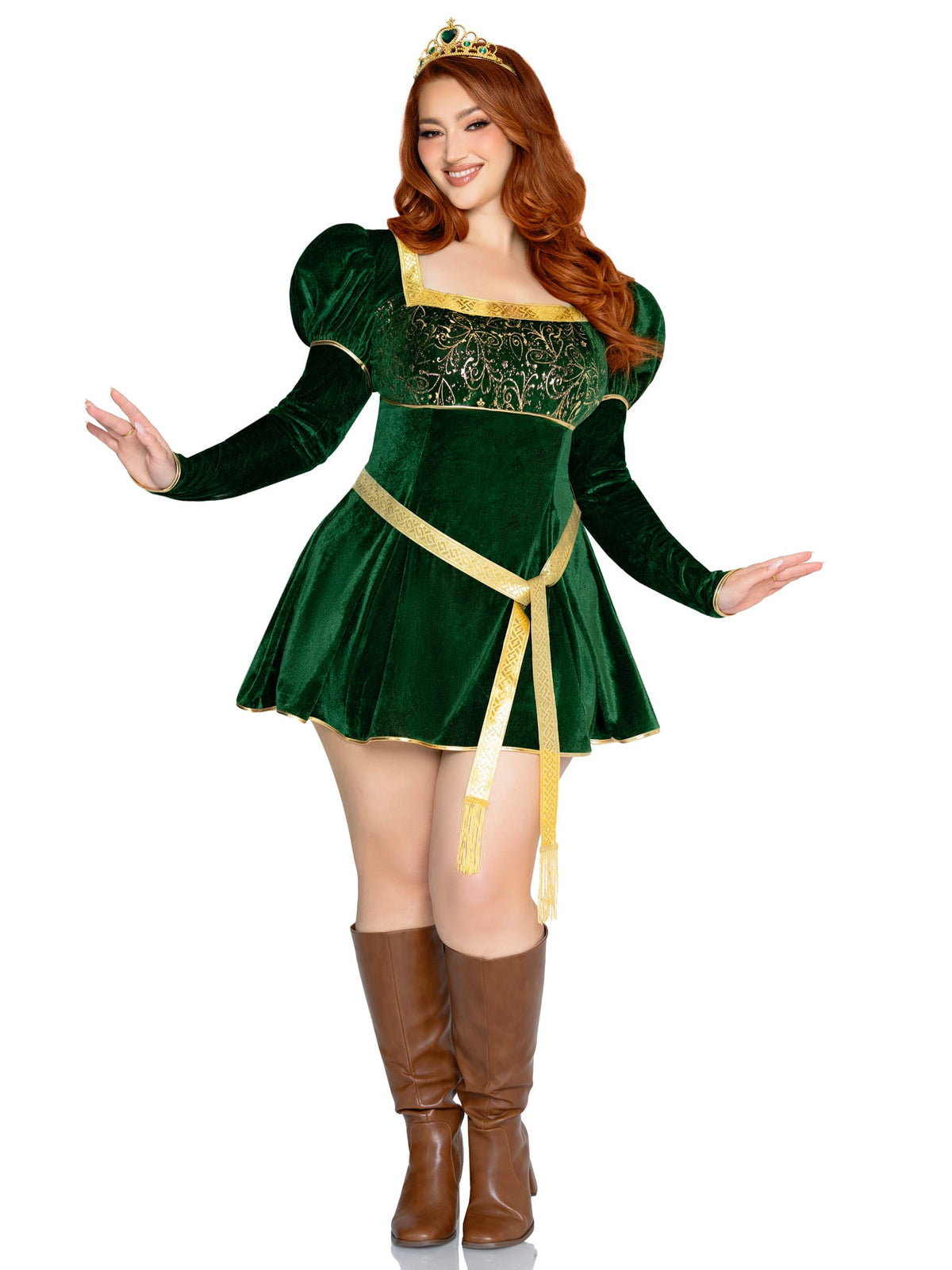 Plus Size 3 PC Swamp Princess Costume, Includes Velvet Dress with Gauntlet Sleeve, Belt, And Crown.