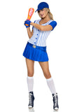 5 PC Home Run Hitter Costume, Includes Button-Up Dress with Pleated Skirt, Belt, Gloves, Hat, and Inflatable Bat.