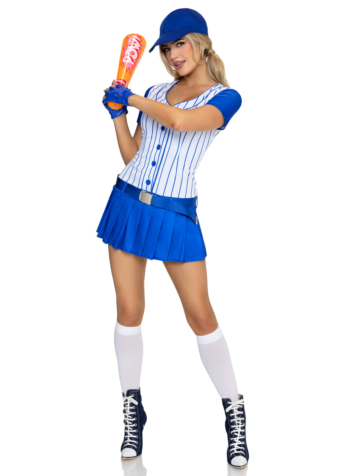 5 PC Home Run Hitter Costume, Includes Button-Up Dress with Pleated Skirt, Belt, Gloves, Hat, and Inflatable Bat.