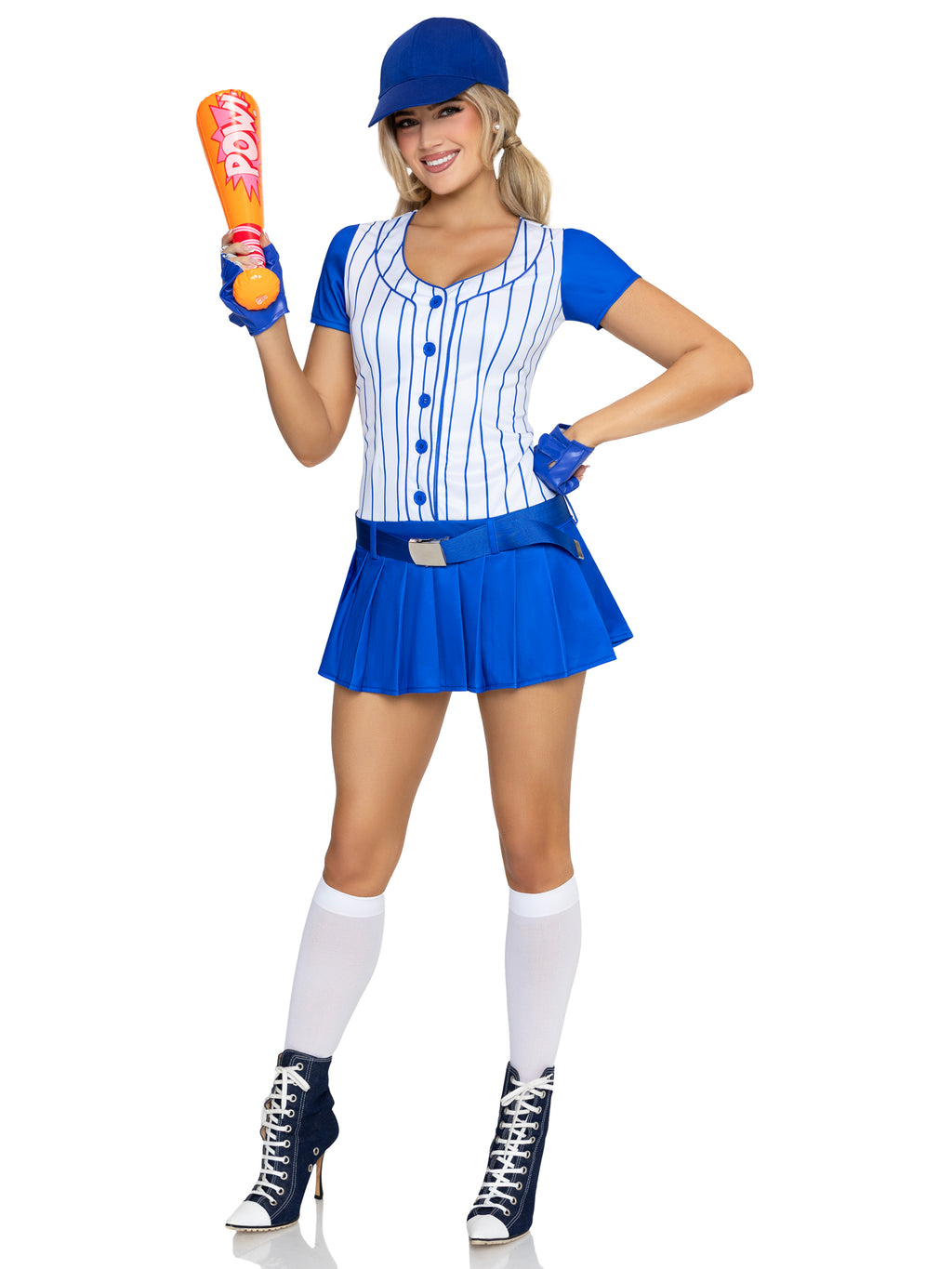 5 PC Home Run Hitter Costume, Includes Button-Up Dress with Pleated Skirt, Belt, Gloves, Hat, and Inflatable Bat.