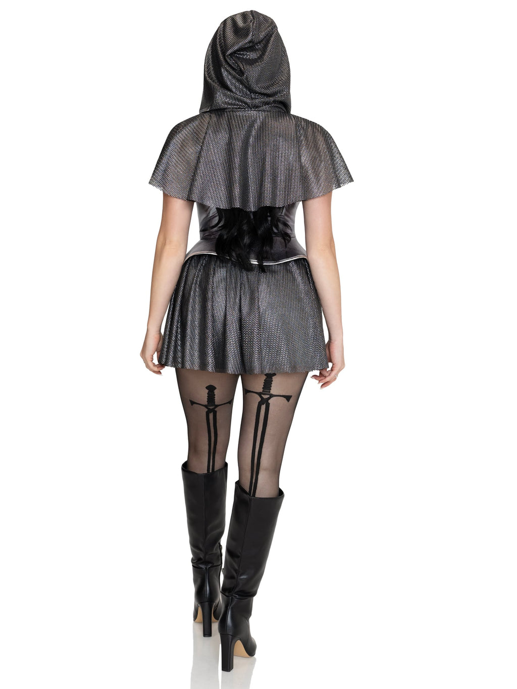 2 PC Rebel Knight Costume, Includes Metallic Dress and Faux-Chain Mail Hooded Capelet.