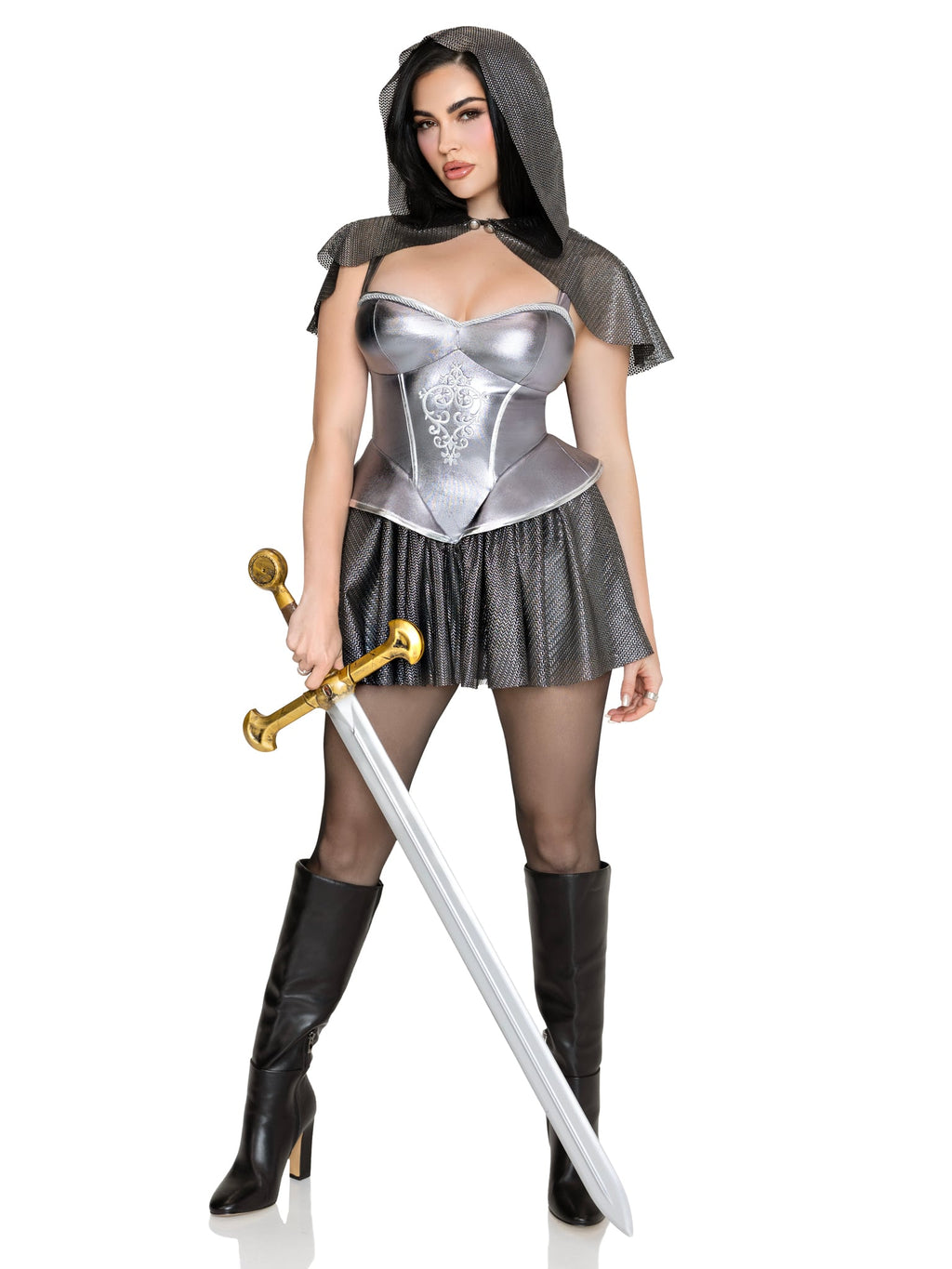 2 PC Rebel Knight Costume, Includes Metallic Dress and Faux-Chain Mail Hooded Capelet.