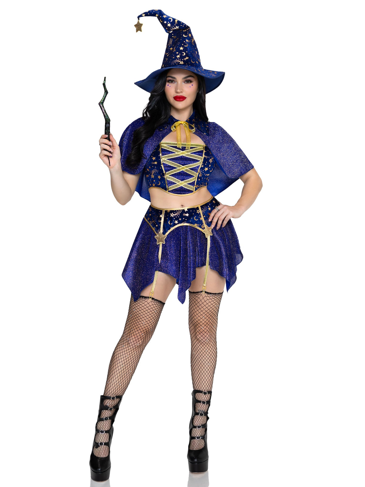 4 PC Starstruck Wizard Costume, Includes Glitter Velvet Top, Garter Skirt, Cape, and Hat.
