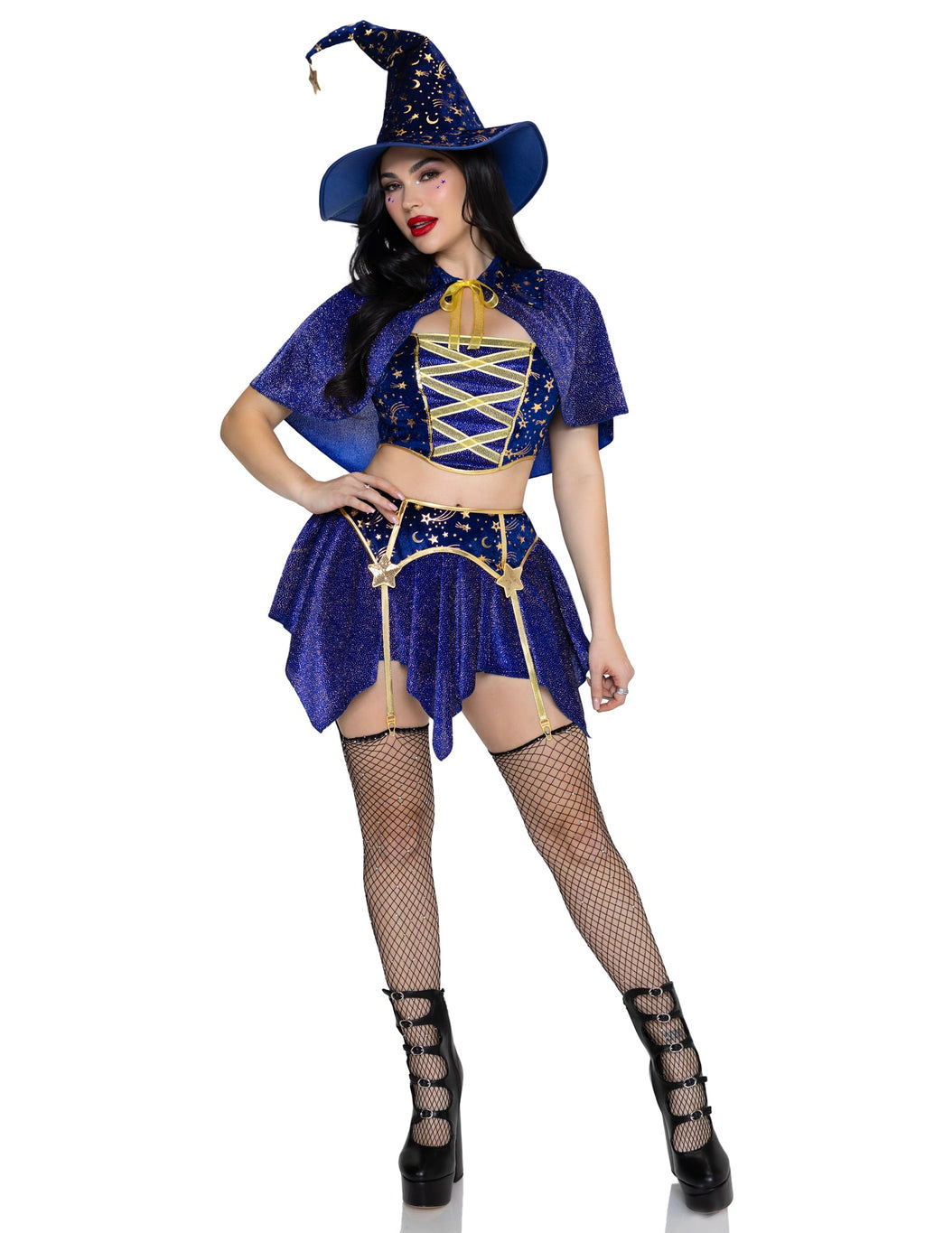 4 PC Starstruck Wizard Costume, Includes Glitter Velvet Top, Garter Skirt, Cape, and Hat.