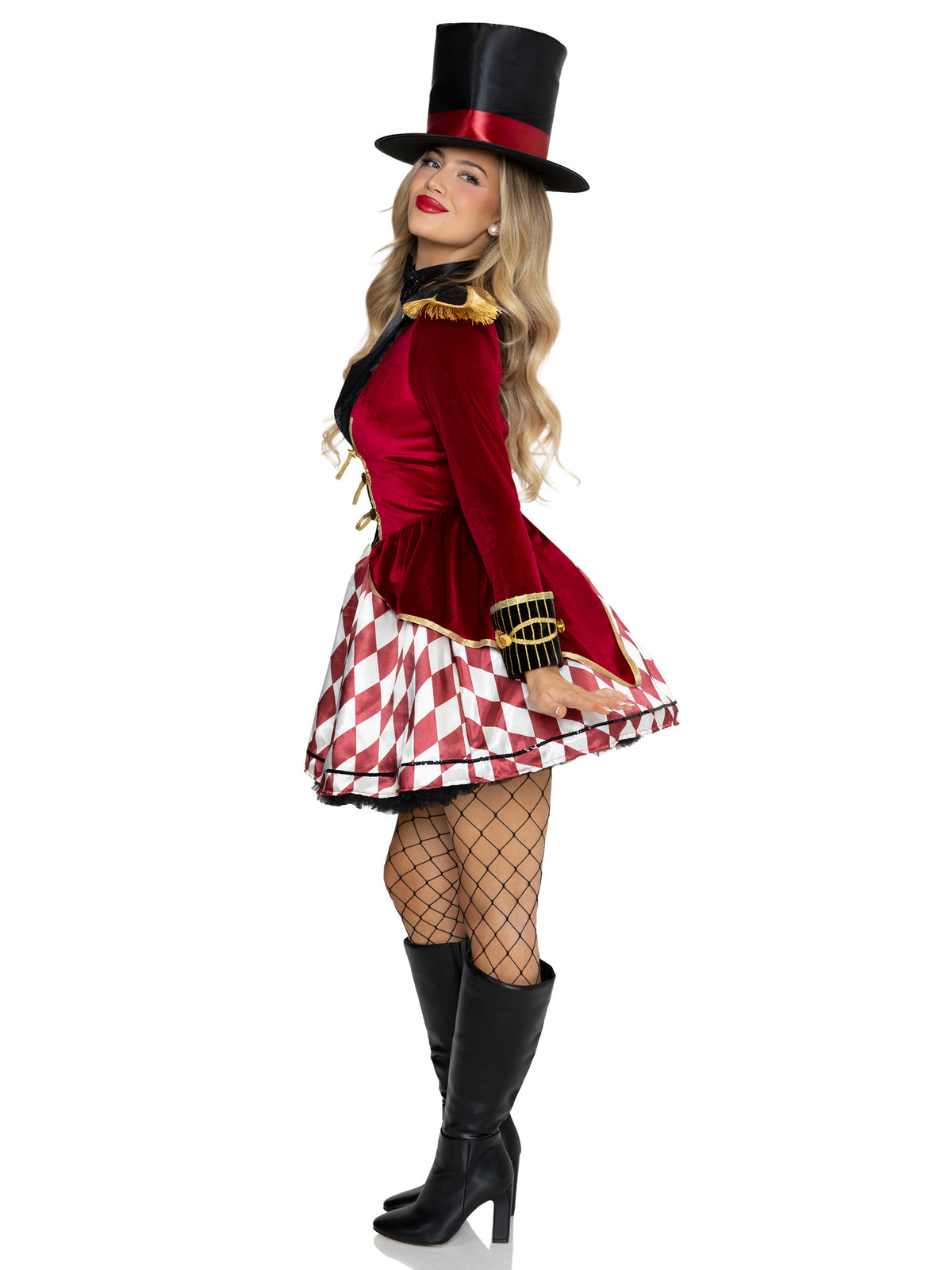 3 PC Ring Mistress Costume, Includes Velvet Coat Dress with Satin Skirt, Bow Tie Choker, and Top Hat.