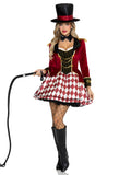 3 PC Ring Mistress Costume, Includes Velvet Coat Dress with Satin Skirt, Bow Tie Choker, and Top Hat.