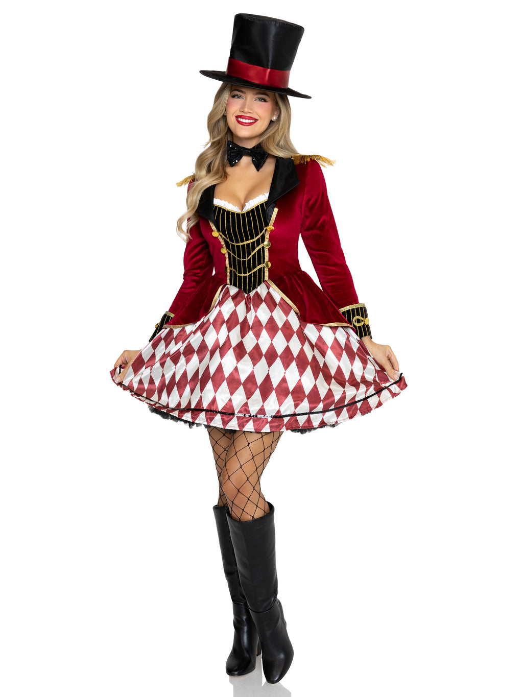 3 PC Ring Mistress Costume, Includes Velvet Coat Dress with Satin Skirt, Bow Tie Choker, and Top Hat.