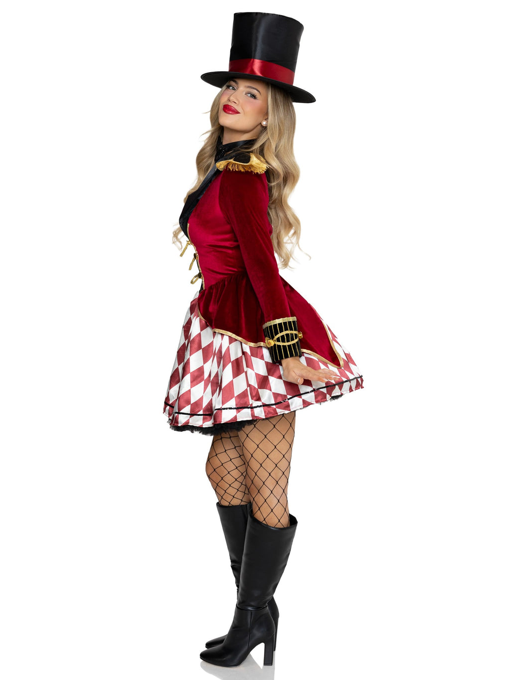 3 PC Ring Mistress Costume, Includes Velvet Coat Dress with Satin Skirt, Bow Tie Choker, and Top Hat.