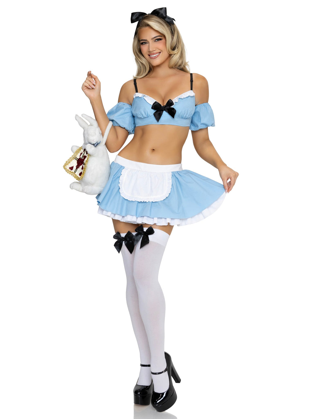 4 PC Wonderland Alice Costume, Includes Top with Arm Puffs and Adjustable Straps, Skirt, Pin-On Back Bow, and Headband.