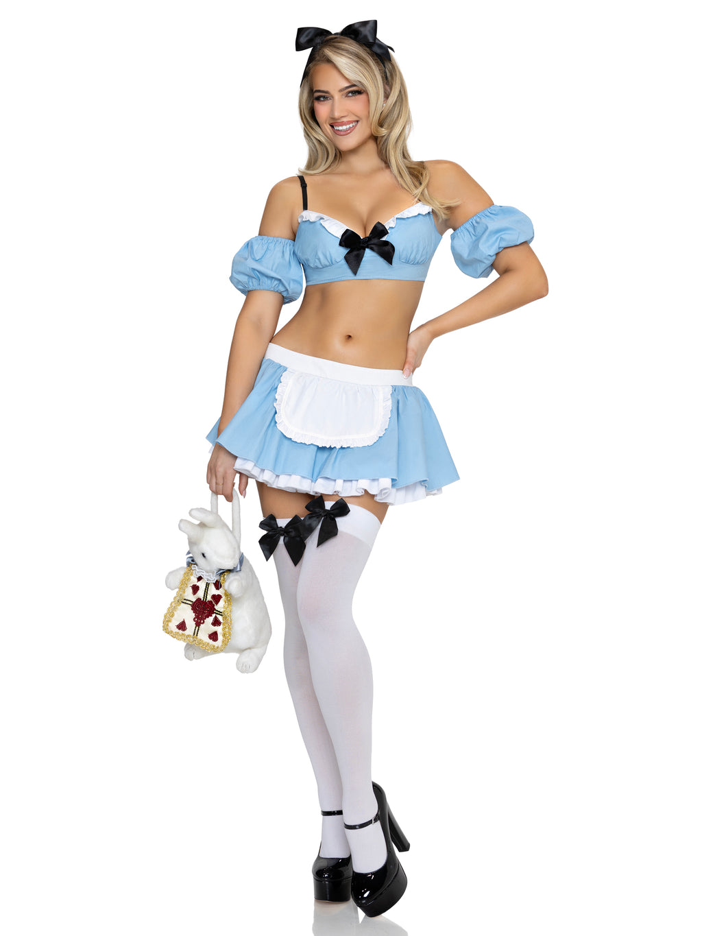 4 PC Wonderland Alice Costume, Includes Top with Arm Puffs and Adjustable Straps, Skirt, Pin-On Back Bow, and Headband.