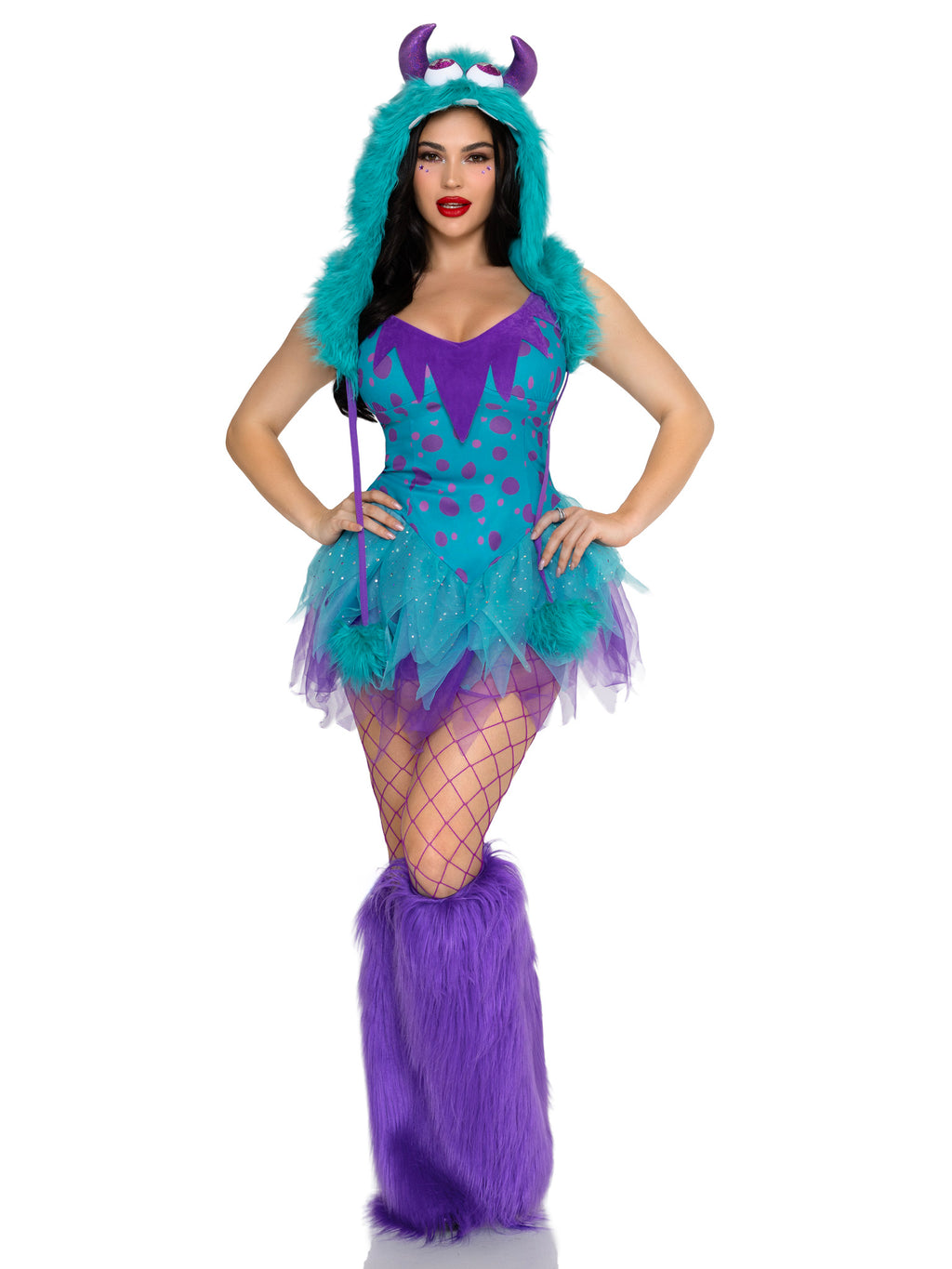 3 PC Monster Hottie Costume, Includes Dress with Tattered Tulle Skirt, Leg Warmers and Furry Monster Hood.