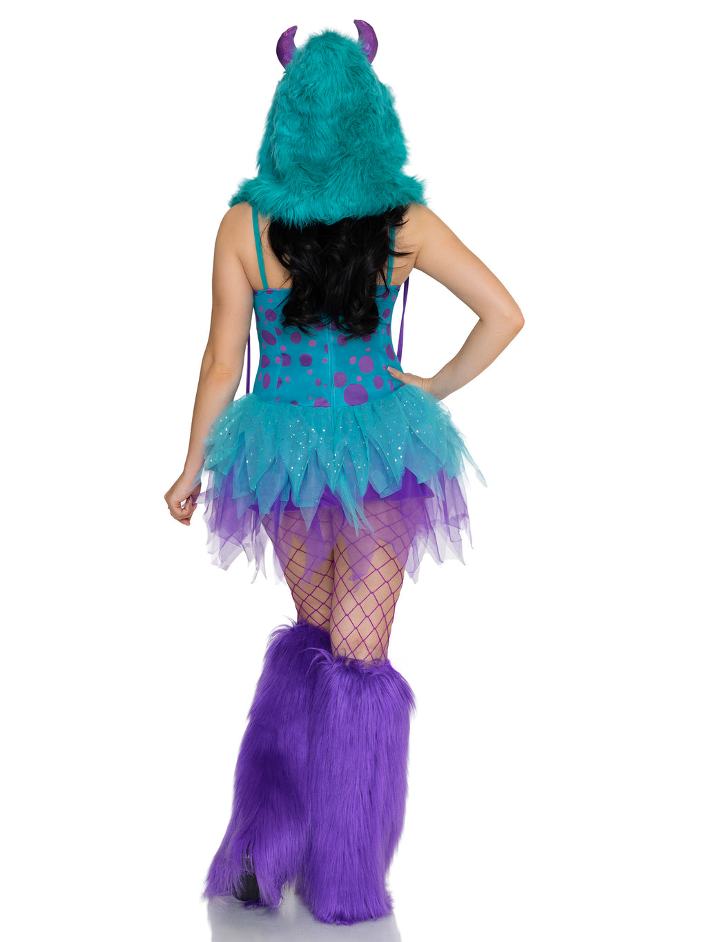 3 PC Monster Hottie Costume, Includes Dress with Tattered Tulle Skirt, Leg Warmers and Furry Monster Hood.