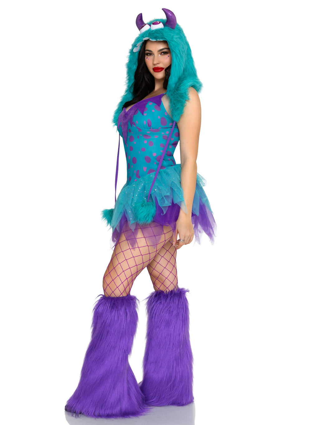 3 PC Monster Hottie Costume, Includes Dress with Tattered Tulle Skirt, Leg Warmers and Furry Monster Hood.