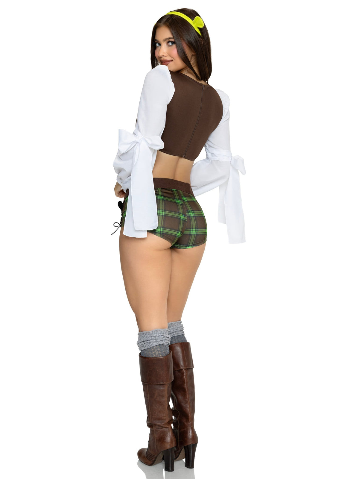 4 PC Swamp Sweetie Costume, Includes Peasant Crop Top with Sleeve Wrap, Shorts with Dual Lace-Up Detail, Belt, And Ear Headband.