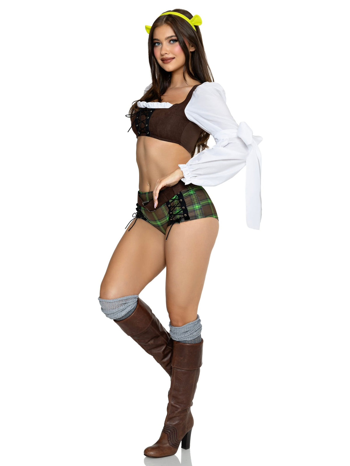 4 PC Swamp Sweetie Costume, Includes Peasant Crop Top with Sleeve Wrap, Shorts with Dual Lace-Up Detail, Belt, And Ear Headband.