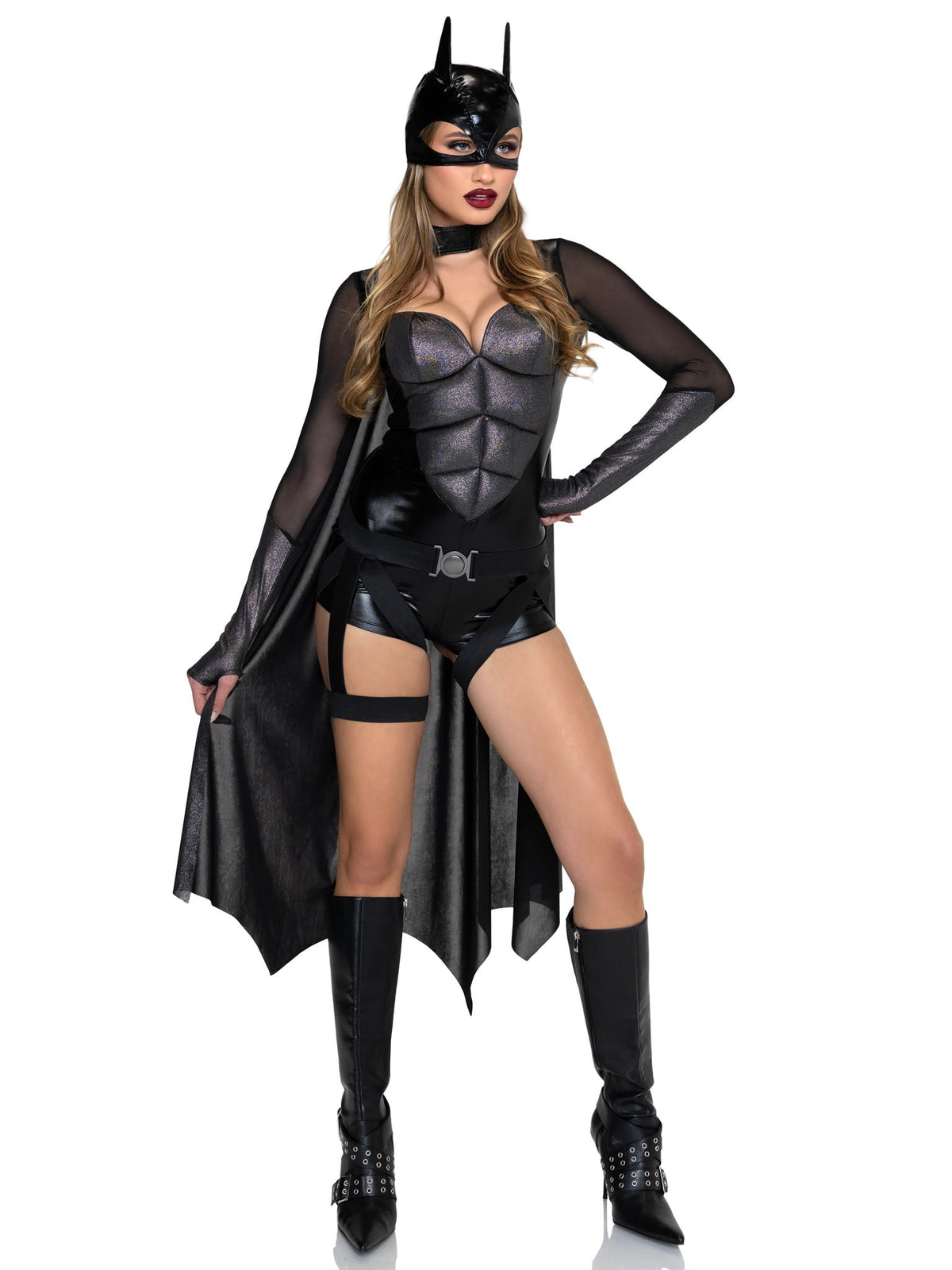 4 PC Dark Crimefighter Costume, Includes Gloved Bodysuit with Padded Abs, Cape, Harness Belt, and Mask.