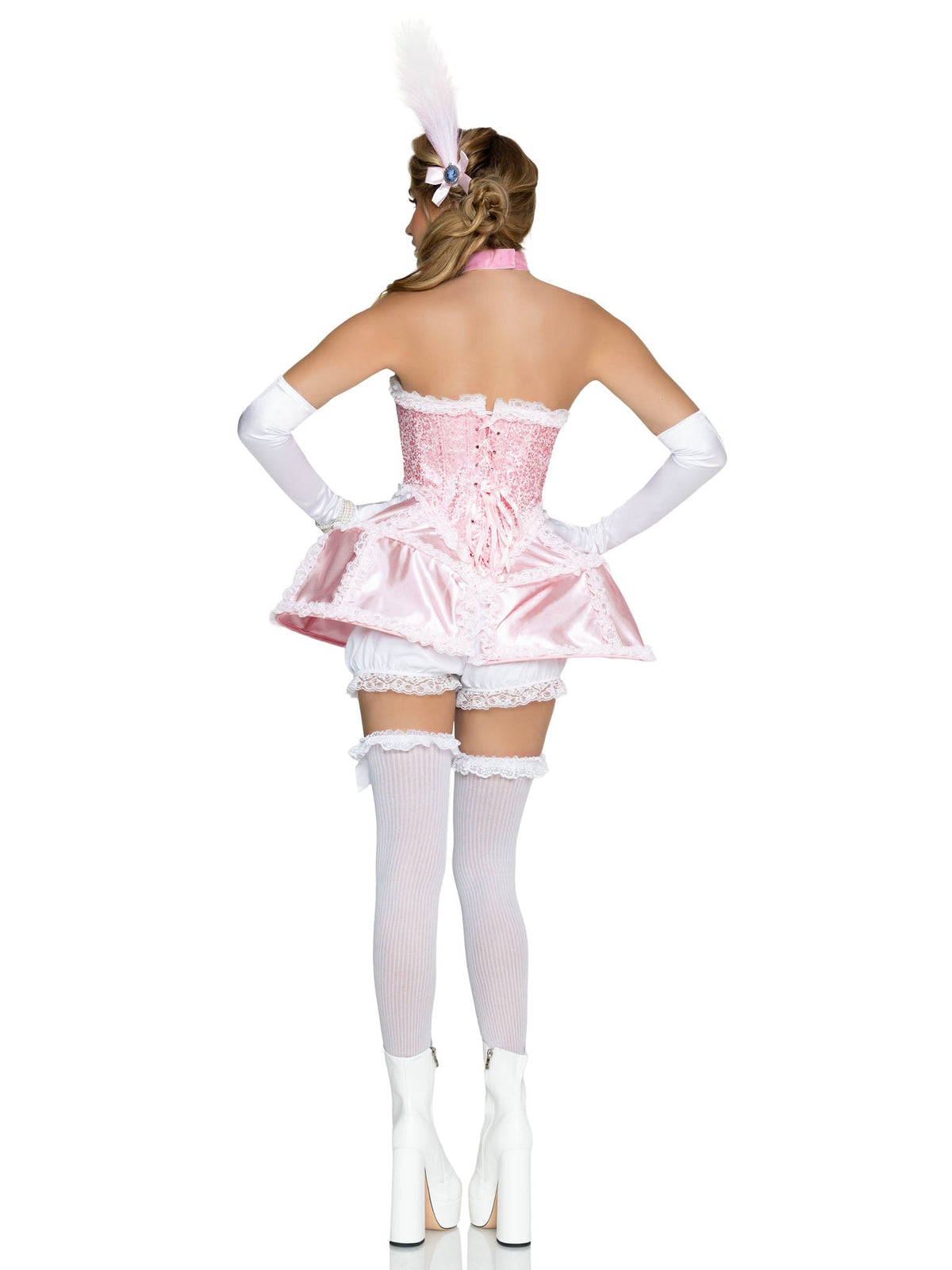 4 PC Madame Marie Costume, Includes Lace-Up Corset Dress with Boning and Ruffled Cage Skirt, Bloomer Shorts, Choker, and Head Piece.