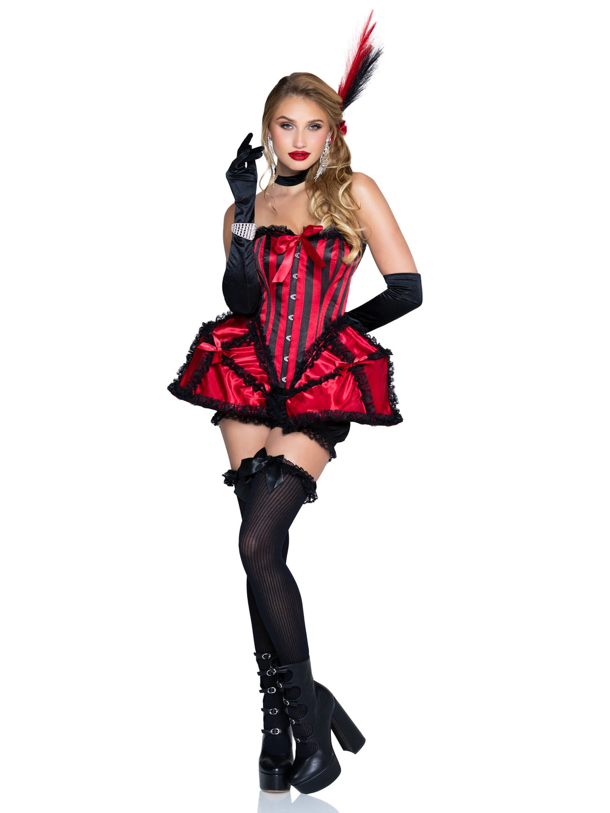 4 PC Dancehall Darling Costume, Includes Lace-Up Corset Dress with Boning and Ruffled Cage Skirt, Bloomer Shorts, Choker, and Head Piece.