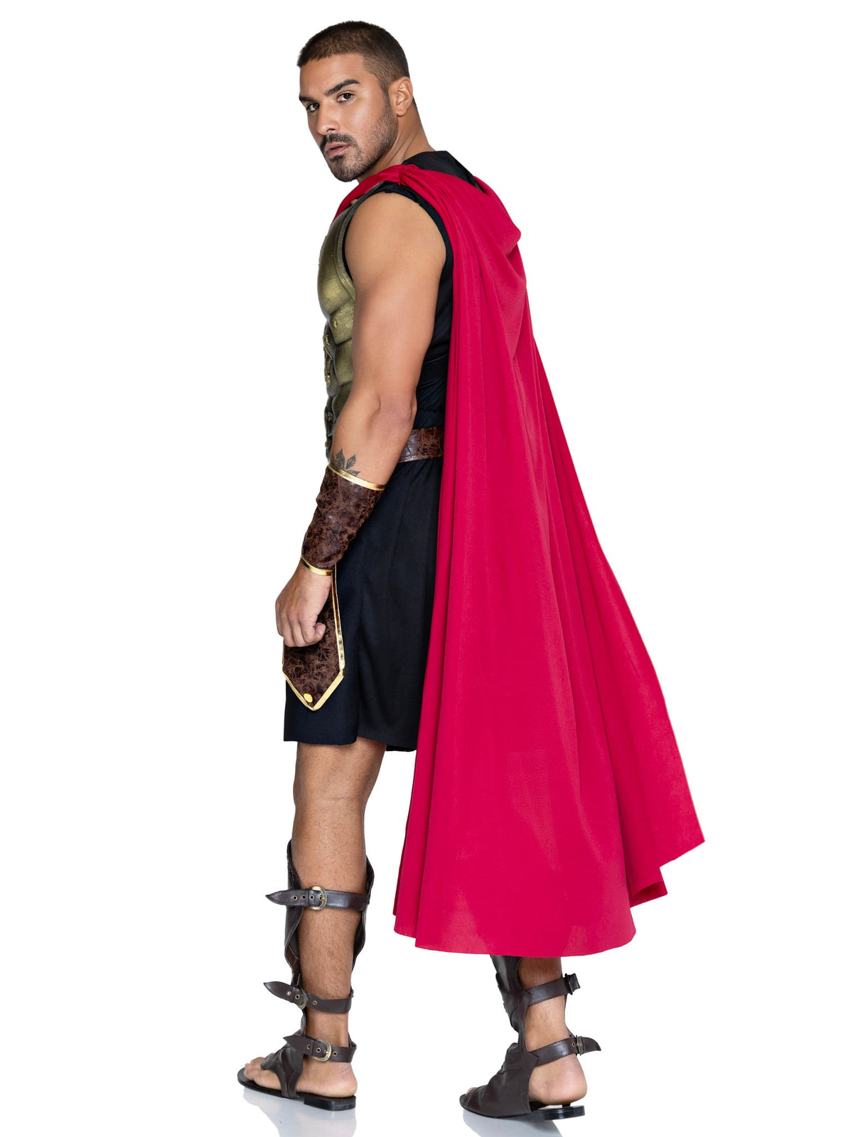 5 PC Men's Battle Gladiator Costume, Includes Tunic, Faux Leather Panel Belt, Cape, Molded Chest Plate, and Wrist Cuffs.