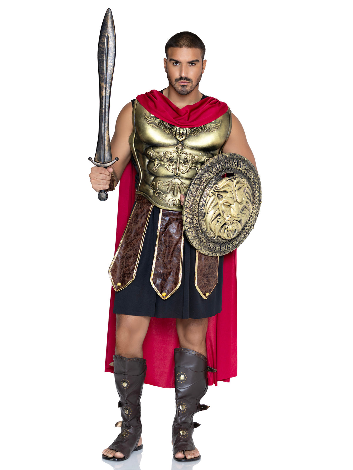 5 PC Men's Battle Gladiator Costume, Includes Tunic, Faux Leather Panel Belt, Cape, Molded Chest Plate, and Wrist Cuffs.