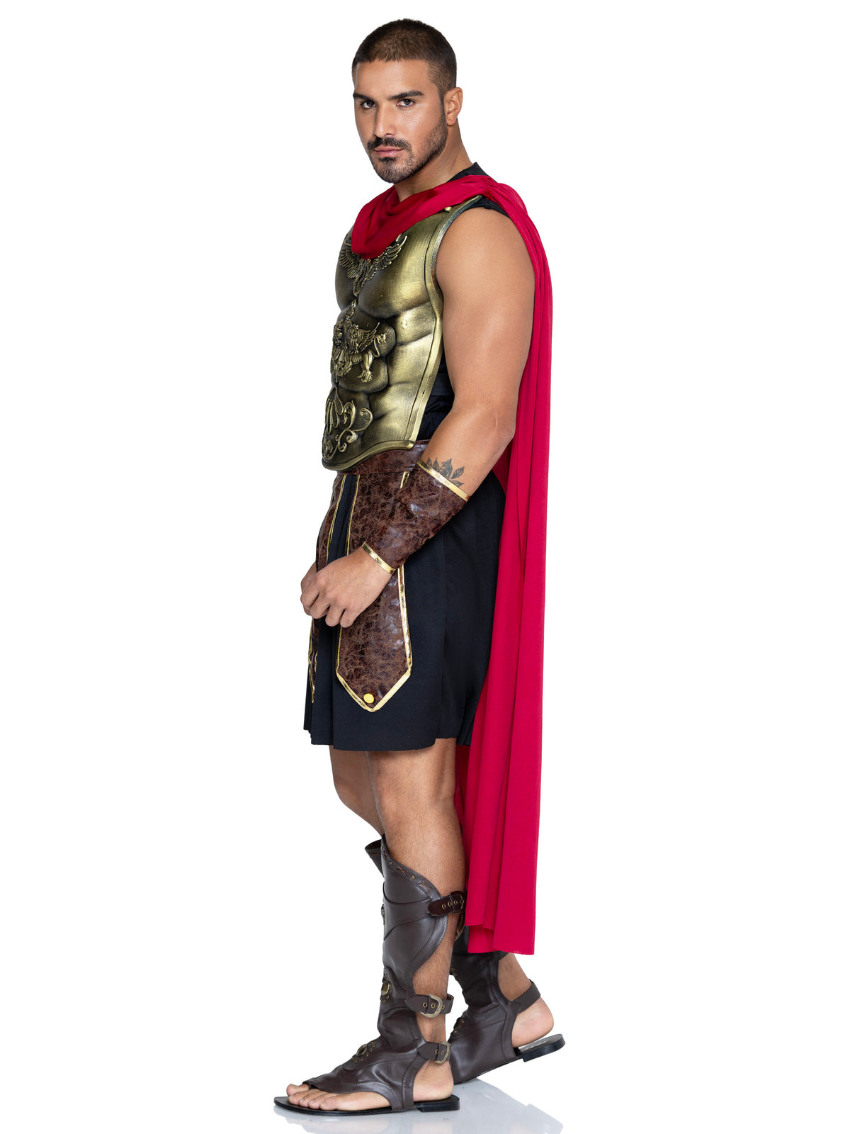 5 PC Men's Battle Gladiator Costume, Includes Tunic, Faux Leather Panel Belt, Cape, Molded Chest Plate, and Wrist Cuffs.