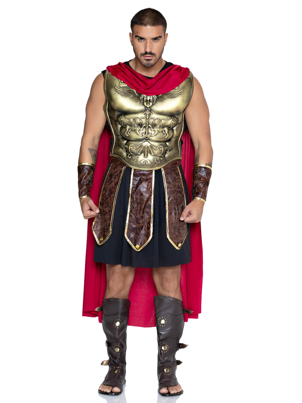 5 PC Men's Battle Gladiator Costume, Includes Tunic, Faux Leather Panel Belt, Cape, Molded Chest Plate, and Wrist Cuffs.