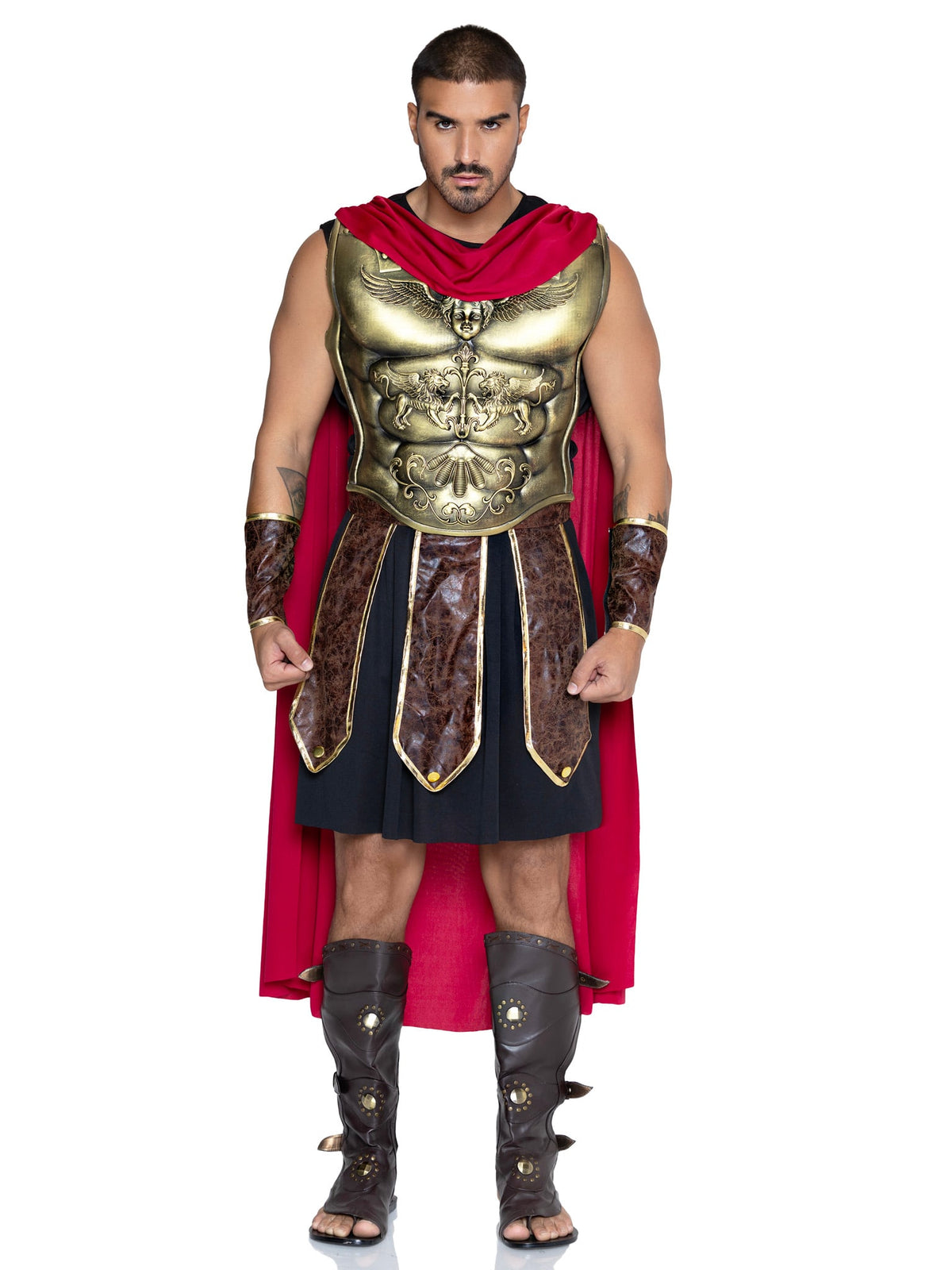 5 PC Men's Battle Gladiator Costume, Includes Tunic, Faux Leather Panel Belt, Cape, Molded Chest Plate, and Wrist Cuffs.