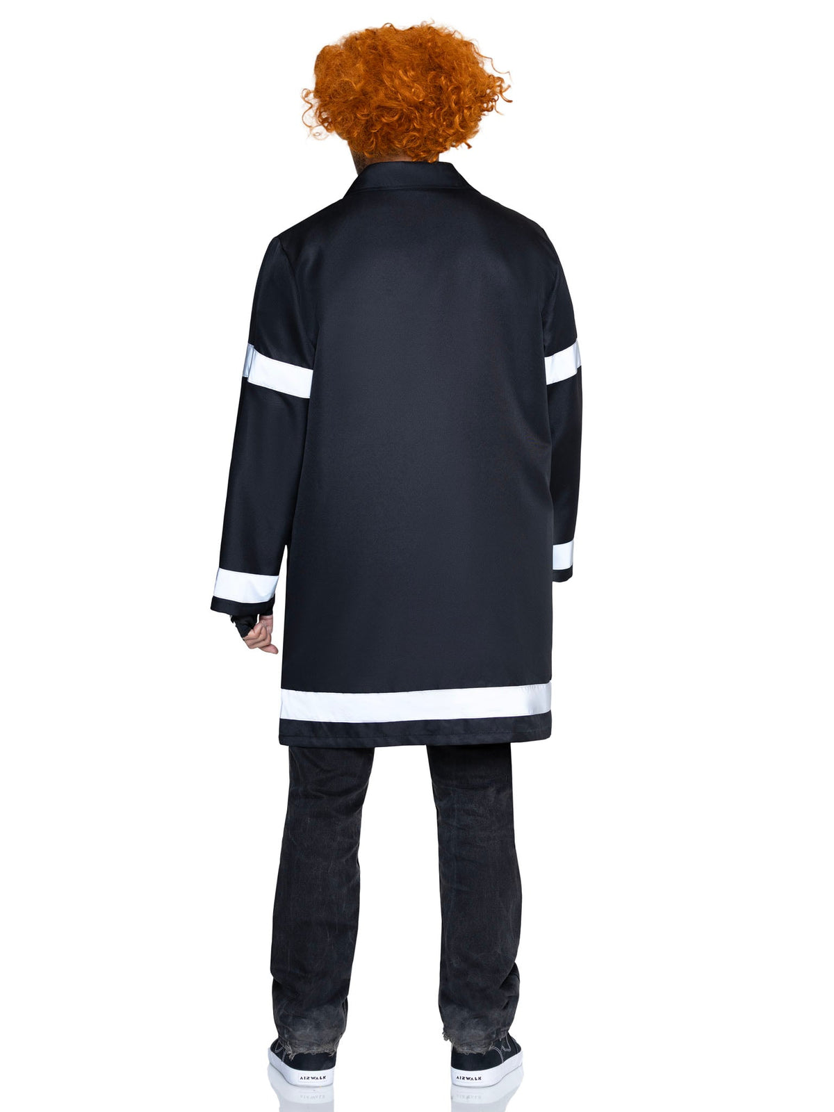 Men's 3 PC Mystery Messenger Costume, Includes Coat with Reflective Trim, Glasses, and Fingerless Gloves.