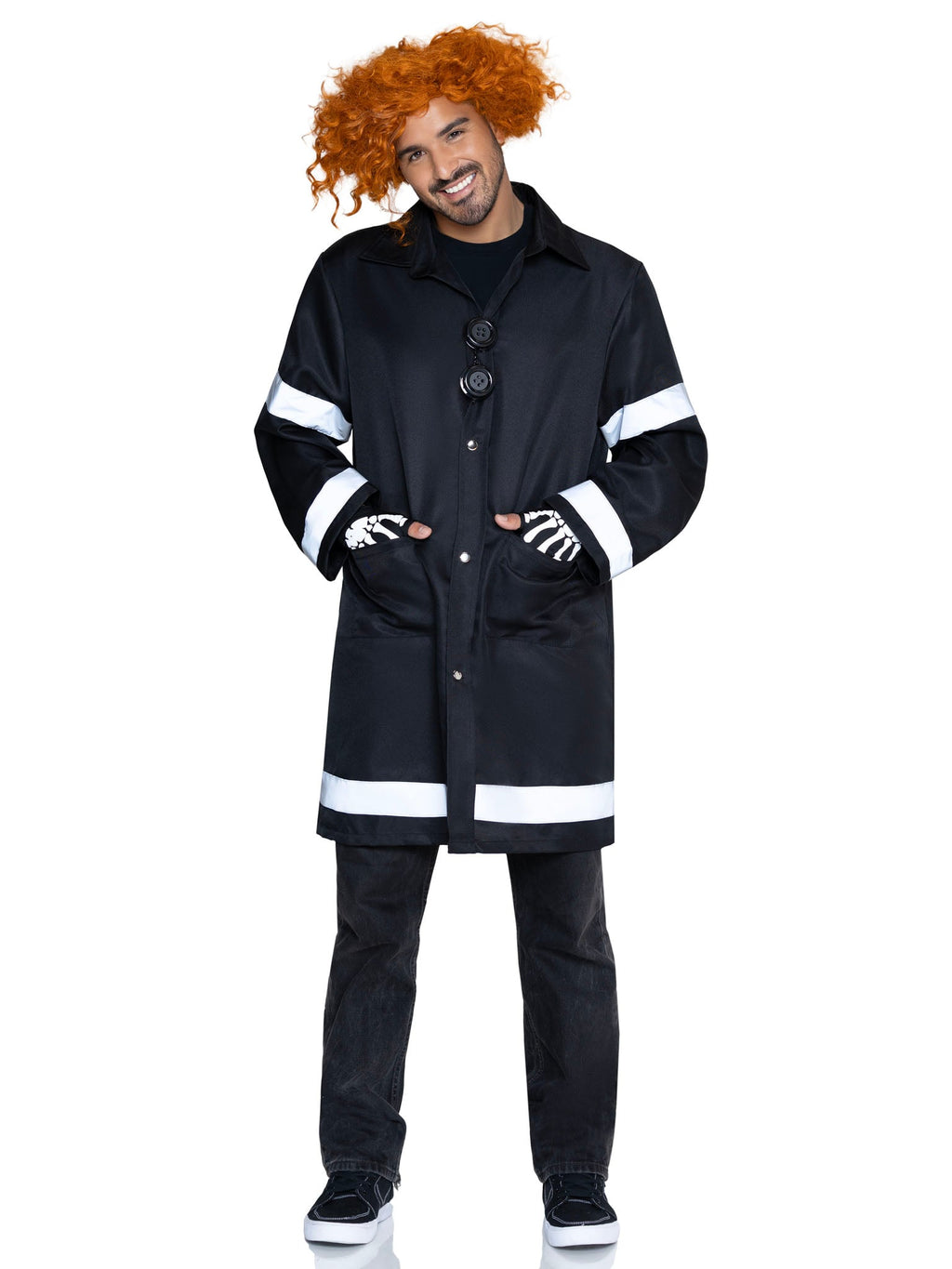 Men's 3 PC Mystery Messenger Costume, Includes Coat with Reflective Trim, Glasses, and Fingerless Gloves.