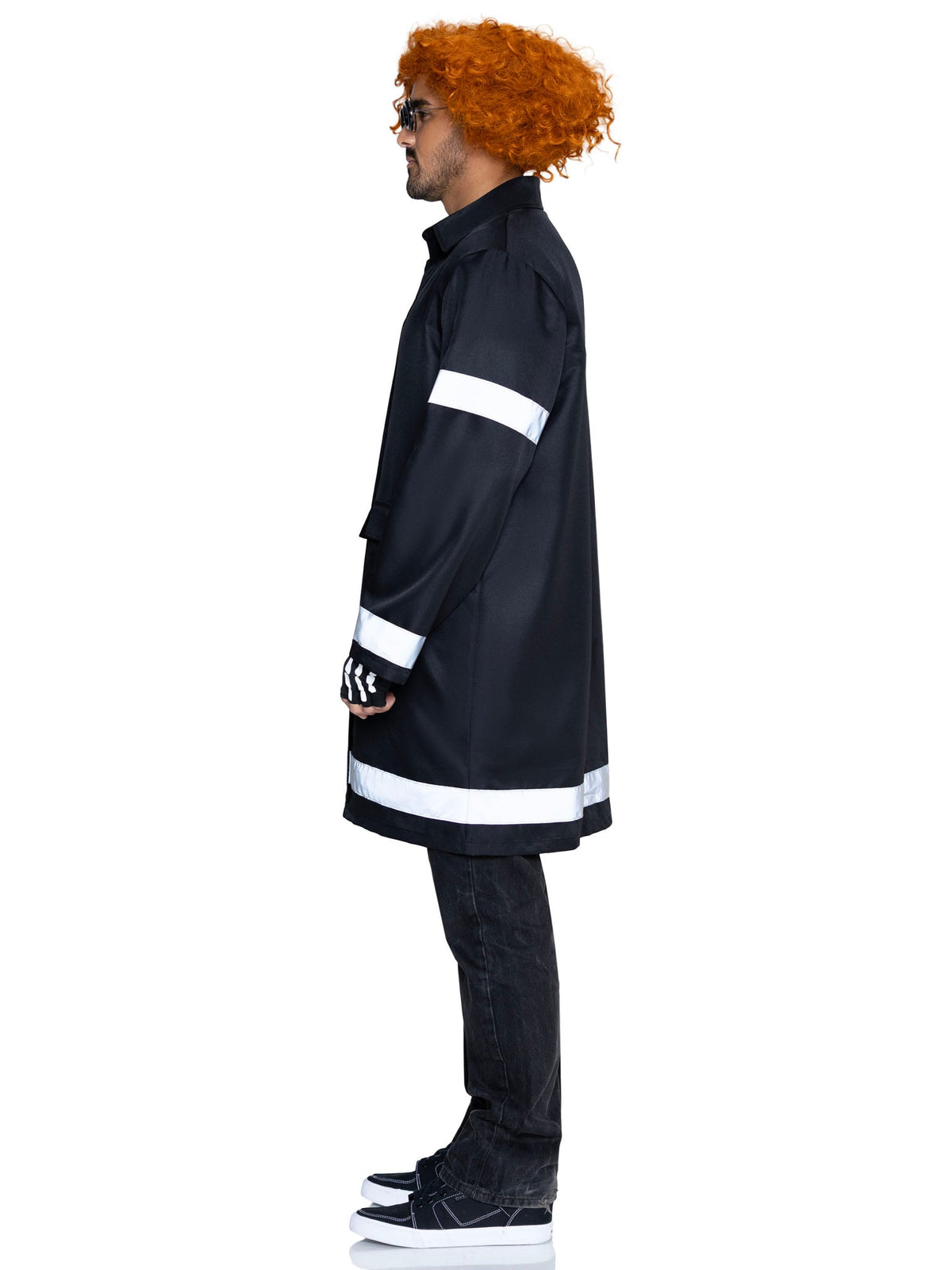 Men's 3 PC Mystery Messenger Costume, Includes Coat with Reflective Trim, Glasses, and Fingerless Gloves.