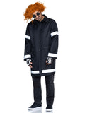 Men's 3 PC Mystery Messenger Costume, Includes Coat with Reflective Trim, Glasses, and Fingerless Gloves.