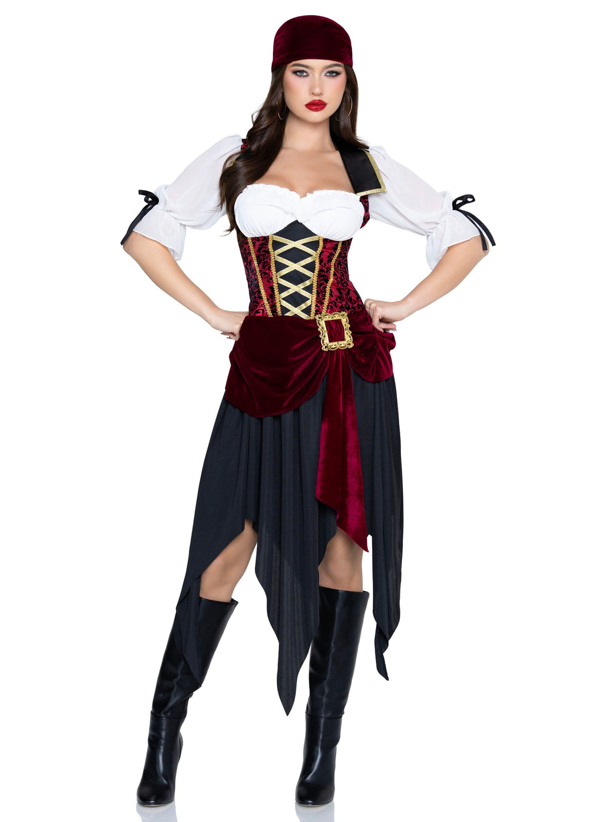 2 PC Pirate Beauty Costume, Includes Dress with Brocade Waist and Chiffon Sleeves, Attached Velvet Sash with Buckle Detail, and Matching Head Scarf.