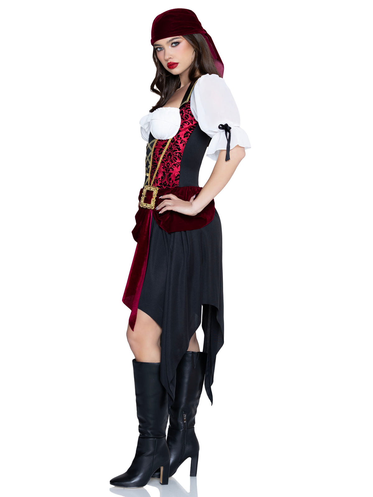 2 PC Pirate Beauty Costume, Includes Dress with Brocade Waist and Chiffon Sleeves, Attached Velvet Sash with Buckle Detail, and Matching Head Scarf.