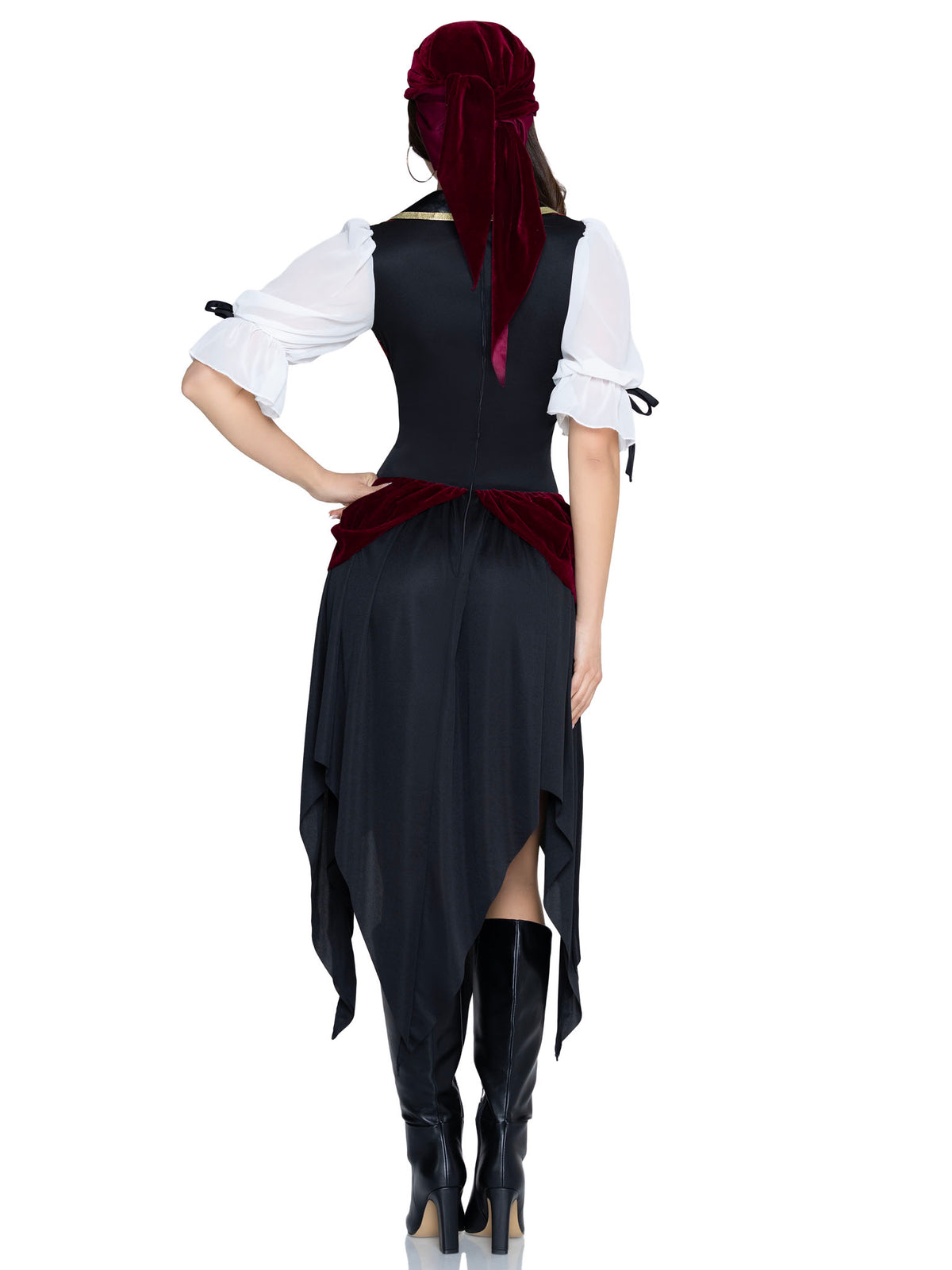 2 PC Pirate Beauty Costume, Includes Dress with Brocade Waist and Chiffon Sleeves, Attached Velvet Sash with Buckle Detail, and Matching Head Scarf.