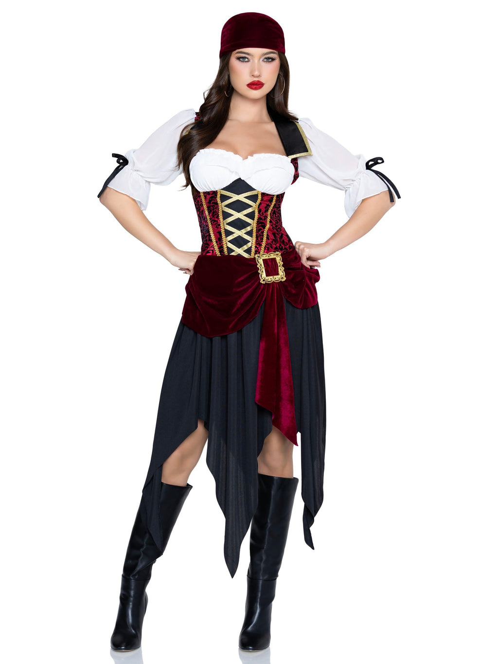 2 PC Pirate Beauty Costume, Includes Dress with Brocade Waist and Chiffon Sleeves, Attached Velvet Sash with Buckle Detail, and Matching Head Scarf.