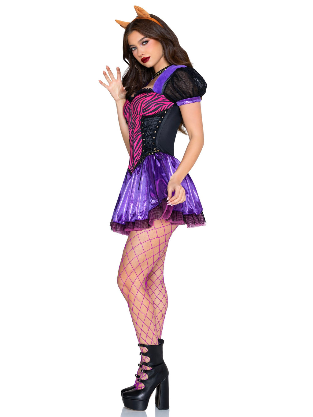 3 PC Clawed Cutie Costume, Includes Fur-Trimmed Dress with Lace-Up Detail, Choker, and Headband.