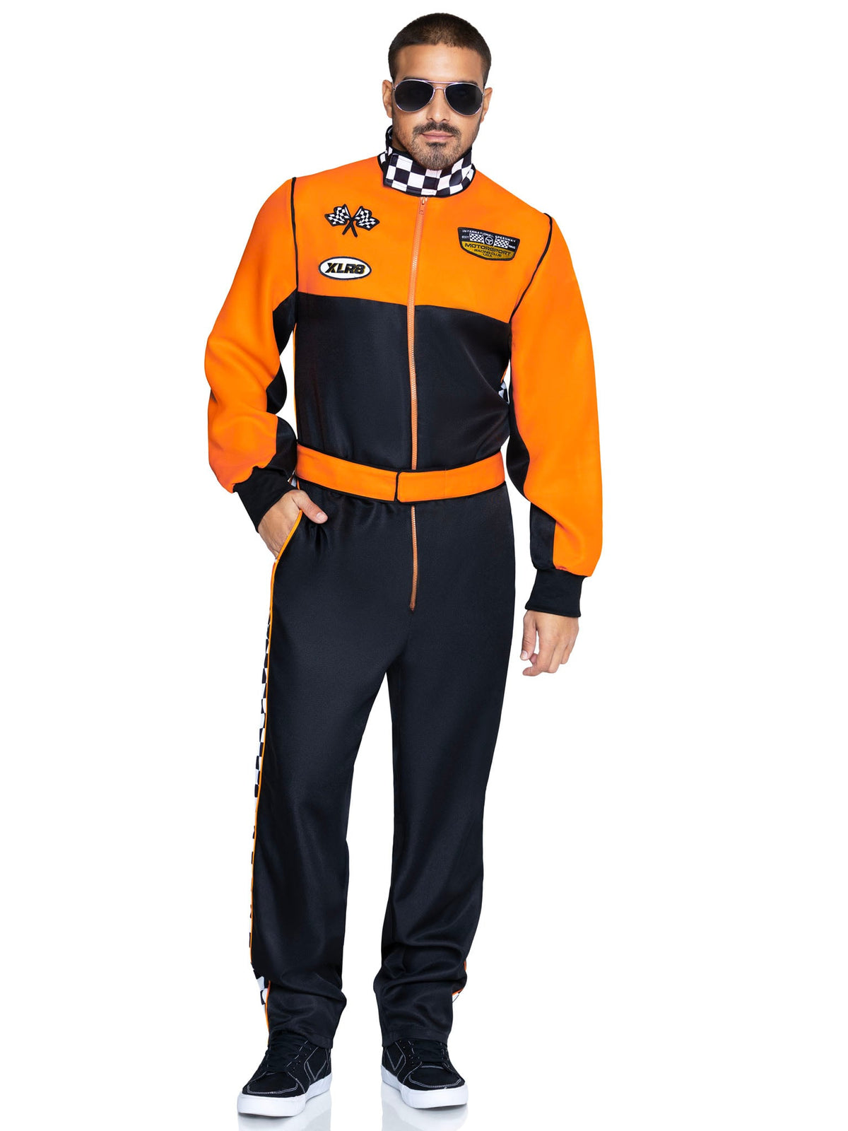 Men's 2 PC Grand Prix Pro Costume, Includes Jumpsuit with Pockets, Two-Way Zipper, and Belt.