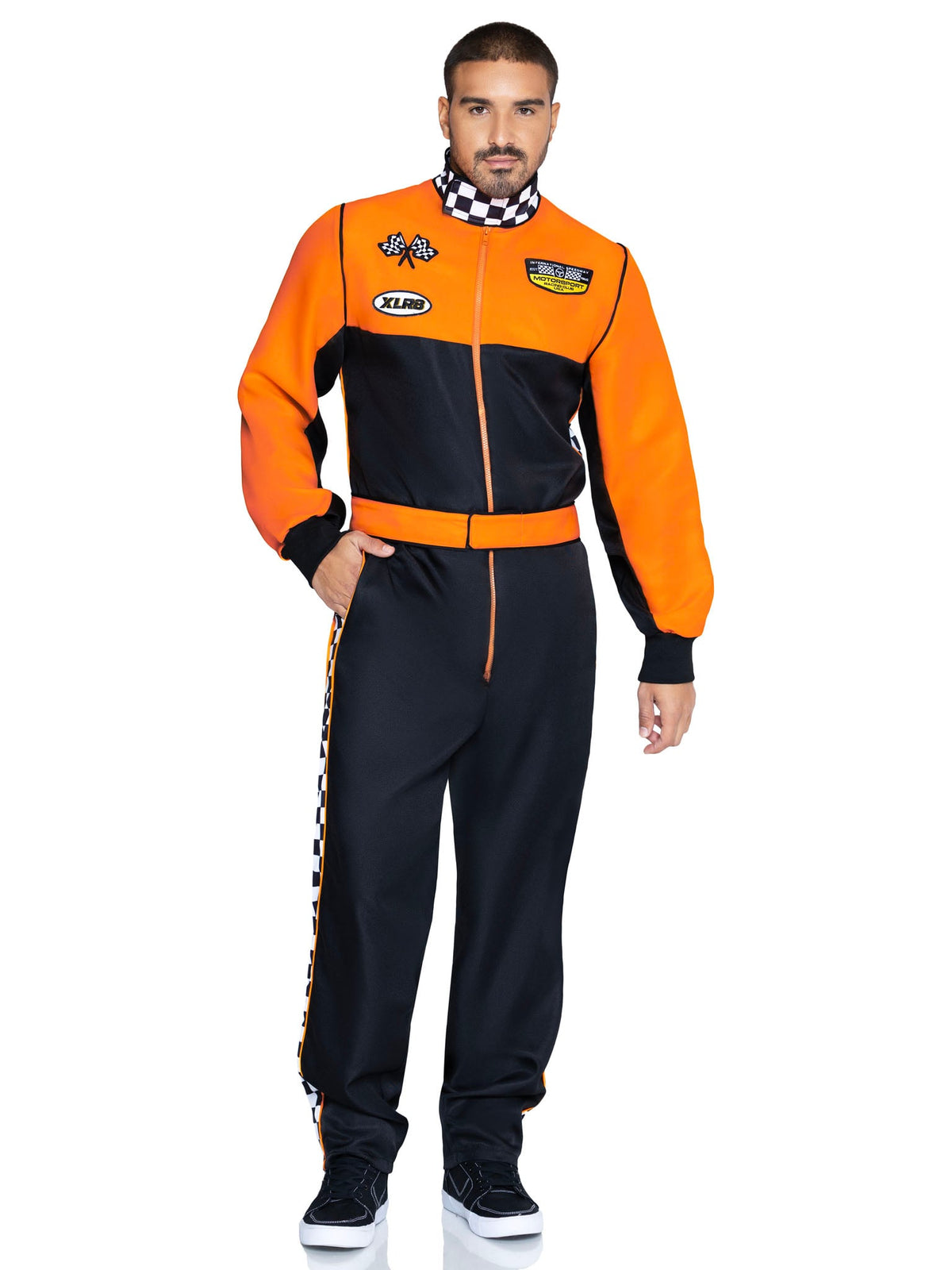 Men's 2 PC Grand Prix Pro Costume, Includes Jumpsuit with Pockets, Two-Way Zipper, and Belt.