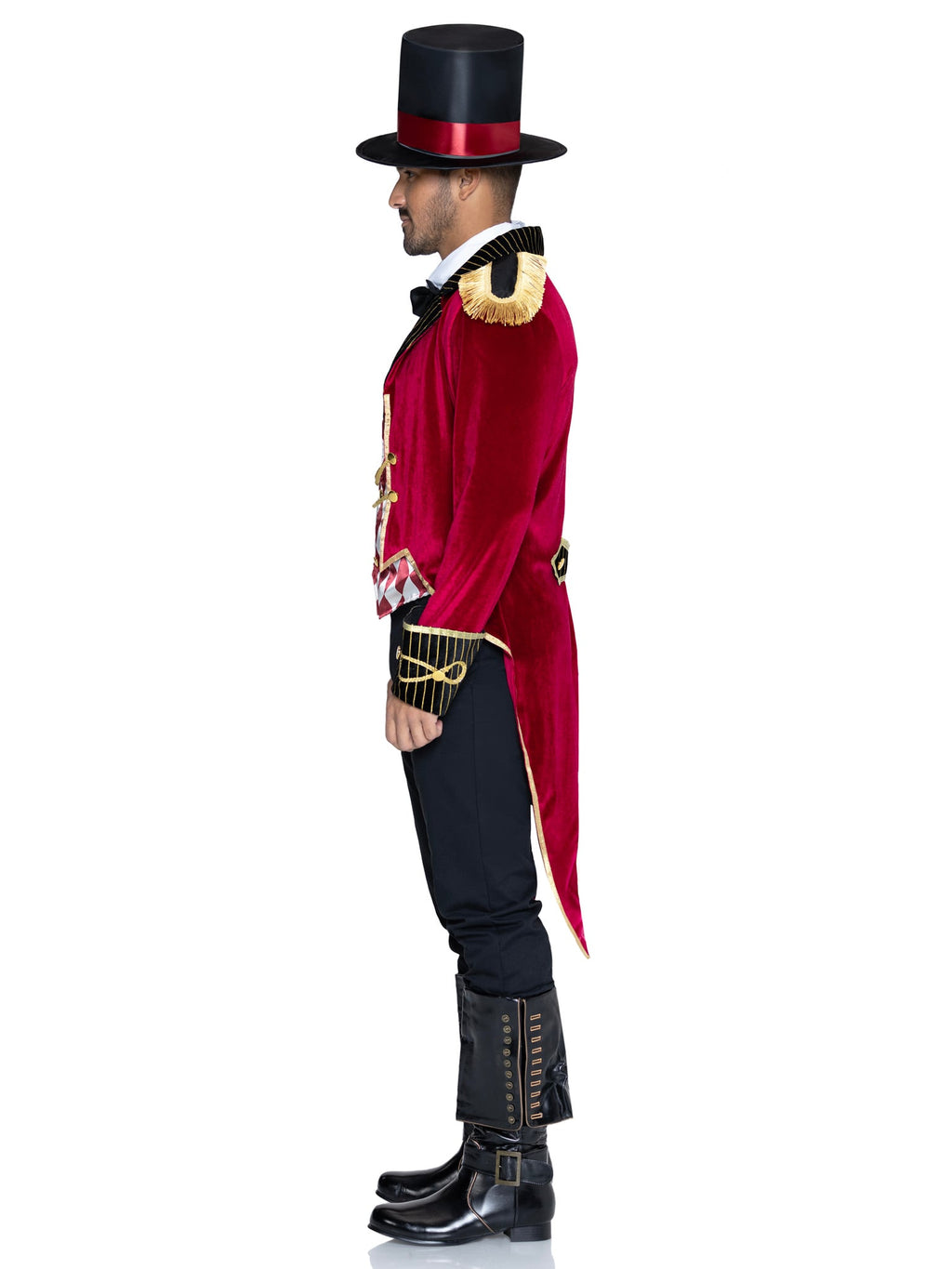 Men's 3 PC Ring Master Costume, Includes Velvet Jacket with Tailcoat and Attached Vest, Dickey, and Top Hat.