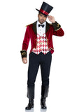 Men's 3 PC Ring Master Costume, Includes Velvet Jacket with Tailcoat and Attached Vest, Dickey, and Top Hat.