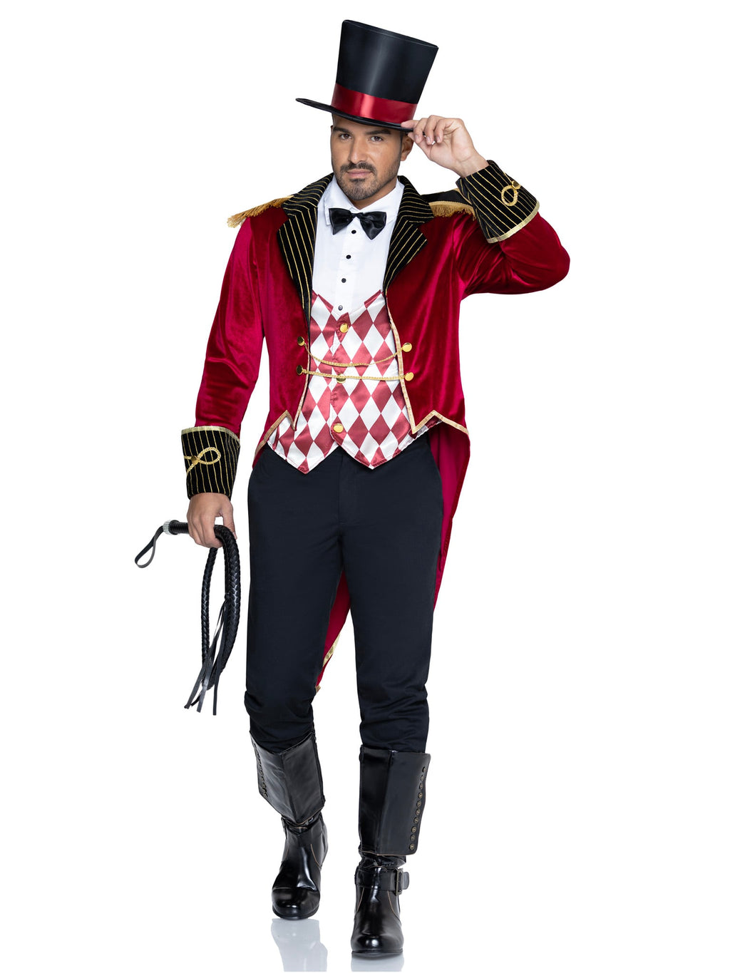 Men's 3 PC Ring Master Costume, Includes Velvet Jacket with Tailcoat and Attached Vest, Dickey, and Top Hat.