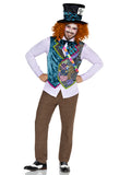 Men's 4 PC Mad Hatter Costume Kit, Includes Patchwork Vest, Bow Tie, Sash, and Hat.