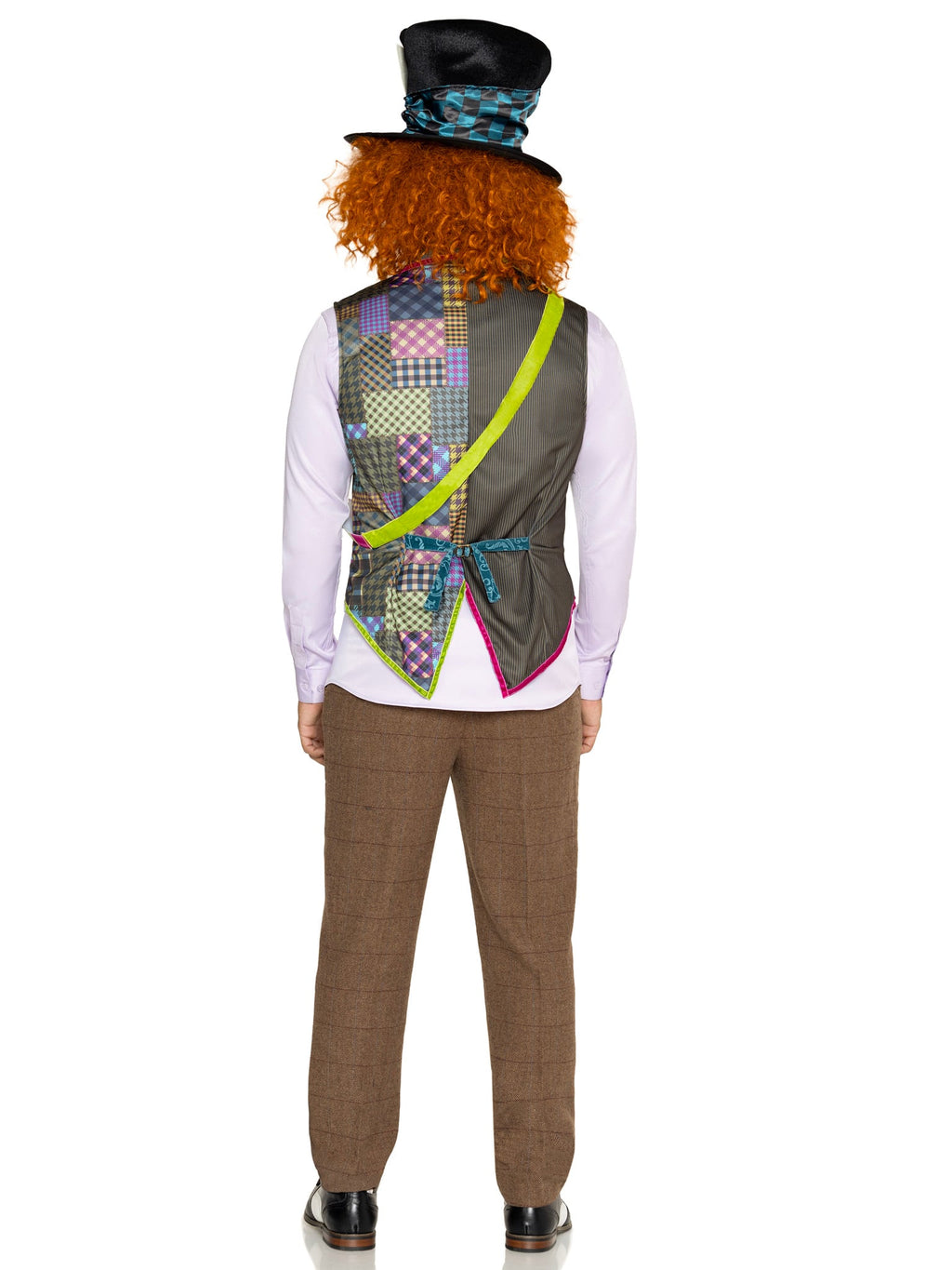 Men's 4 PC Mad Hatter Costume Kit, Includes Patchwork Vest, Bow Tie, Sash, and Hat.