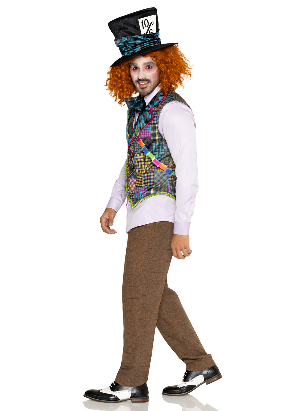 Men's 4 PC Mad Hatter Costume Kit, Includes Patchwork Vest, Bow Tie, Sash, and Hat.