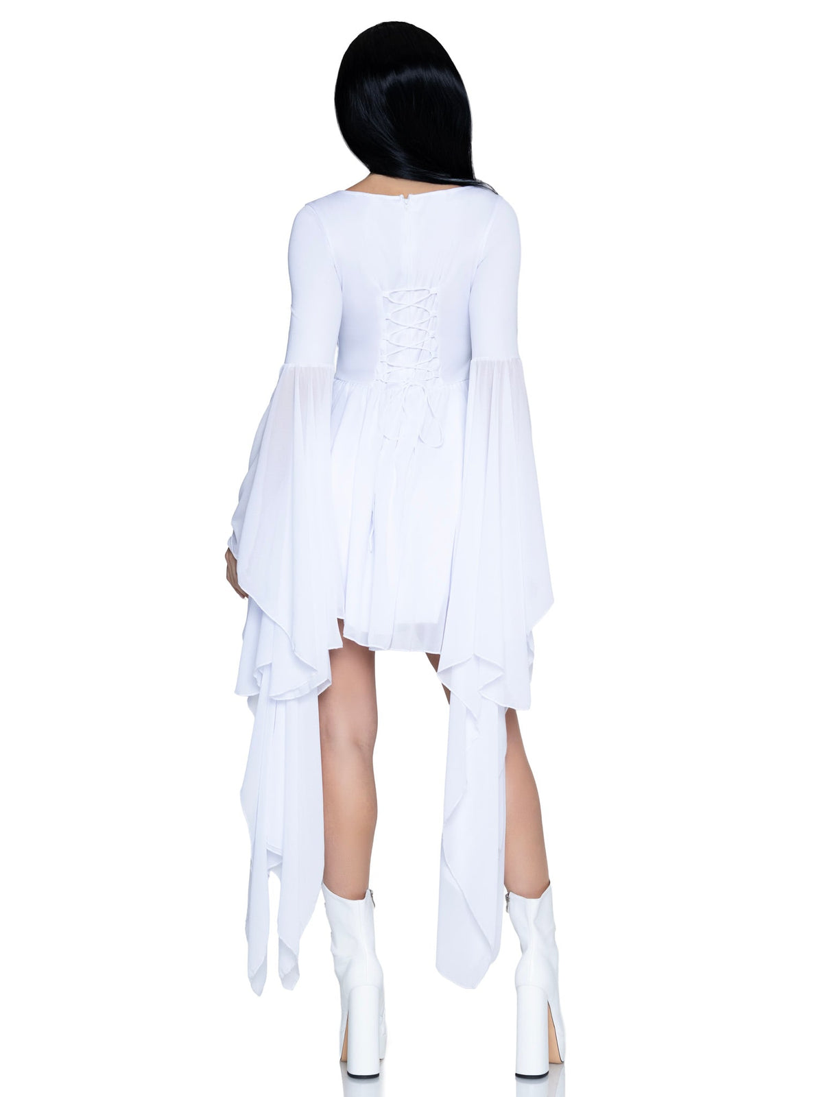1 PC Frankie's Bride Costume, Includes Corset Dress with Lace-Up Back and Chiffon Flounce Sleeves.
