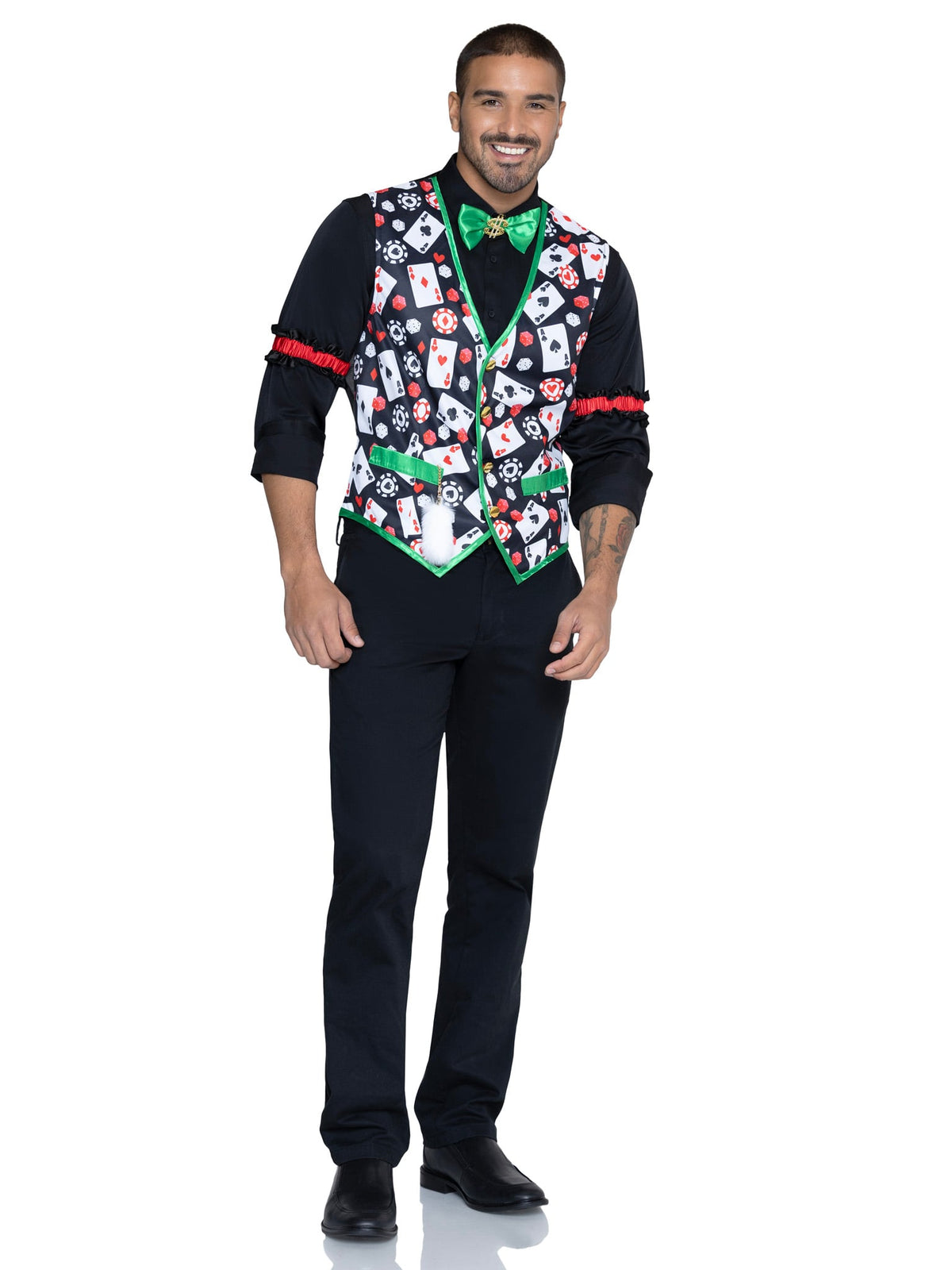 Men's 3 PC Casino Costume Kit, Includes Playing Card Vest with Attached Lucky Rabbit's Foot, Dollar Sign Bow Tie, and (2) Arm Bands.