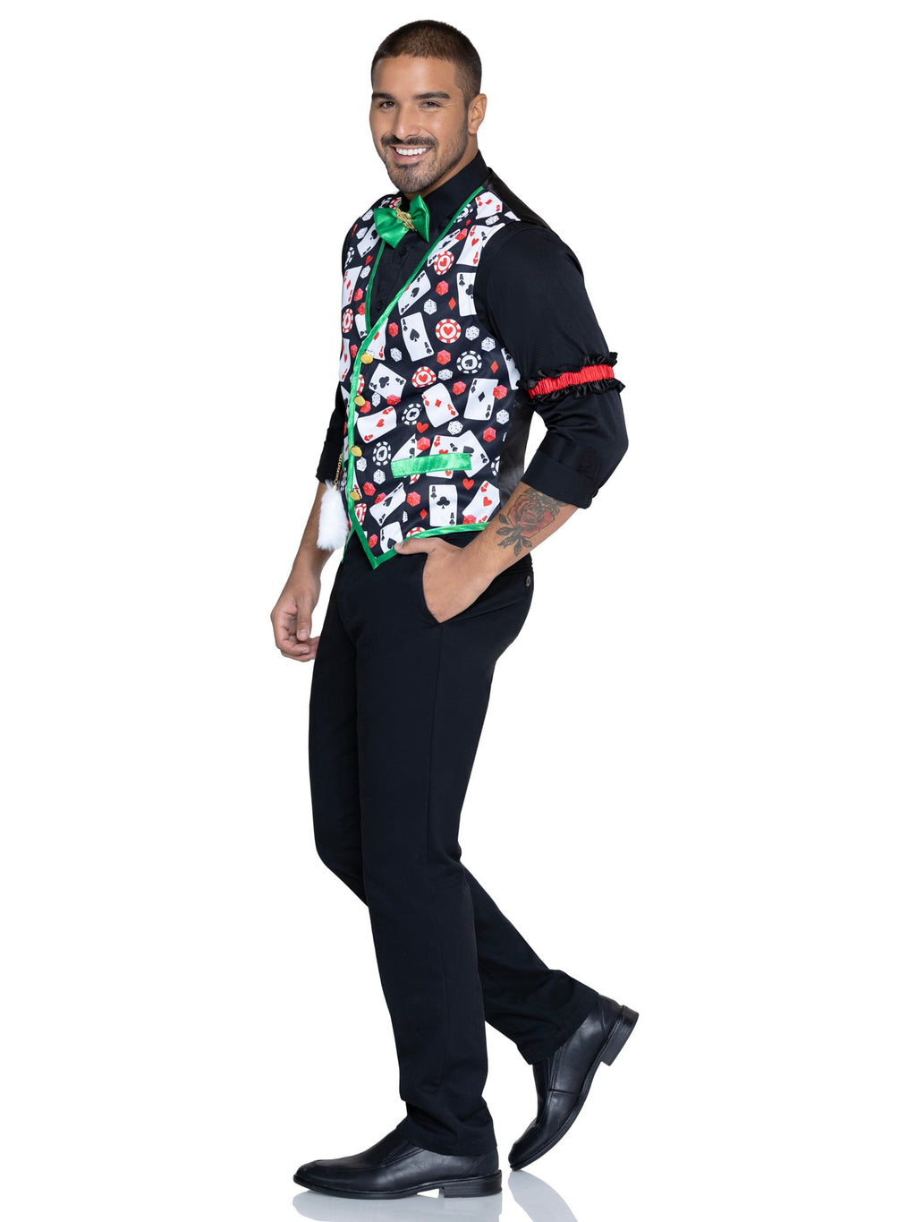Men's 3 PC Casino Costume Kit, Includes Playing Card Vest with Attached Lucky Rabbit's Foot, Dollar Sign Bow Tie, and (2) Arm Bands.