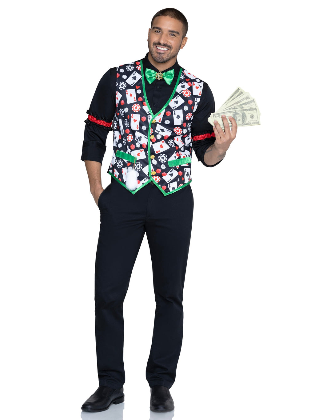 Men's 3 PC Casino Costume Kit, Includes Playing Card Vest with Attached Lucky Rabbit's Foot, Dollar Sign Bow Tie, and (2) Arm Bands.